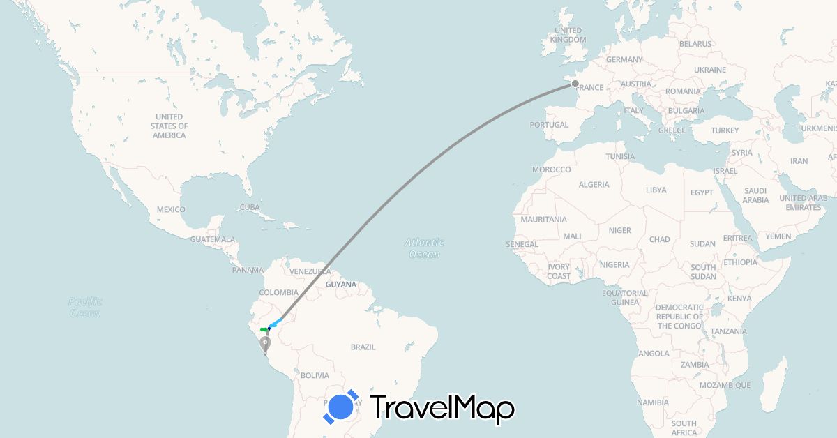 TravelMap itinerary: driving, bus, plane, boat in France, Peru (Europe, South America)